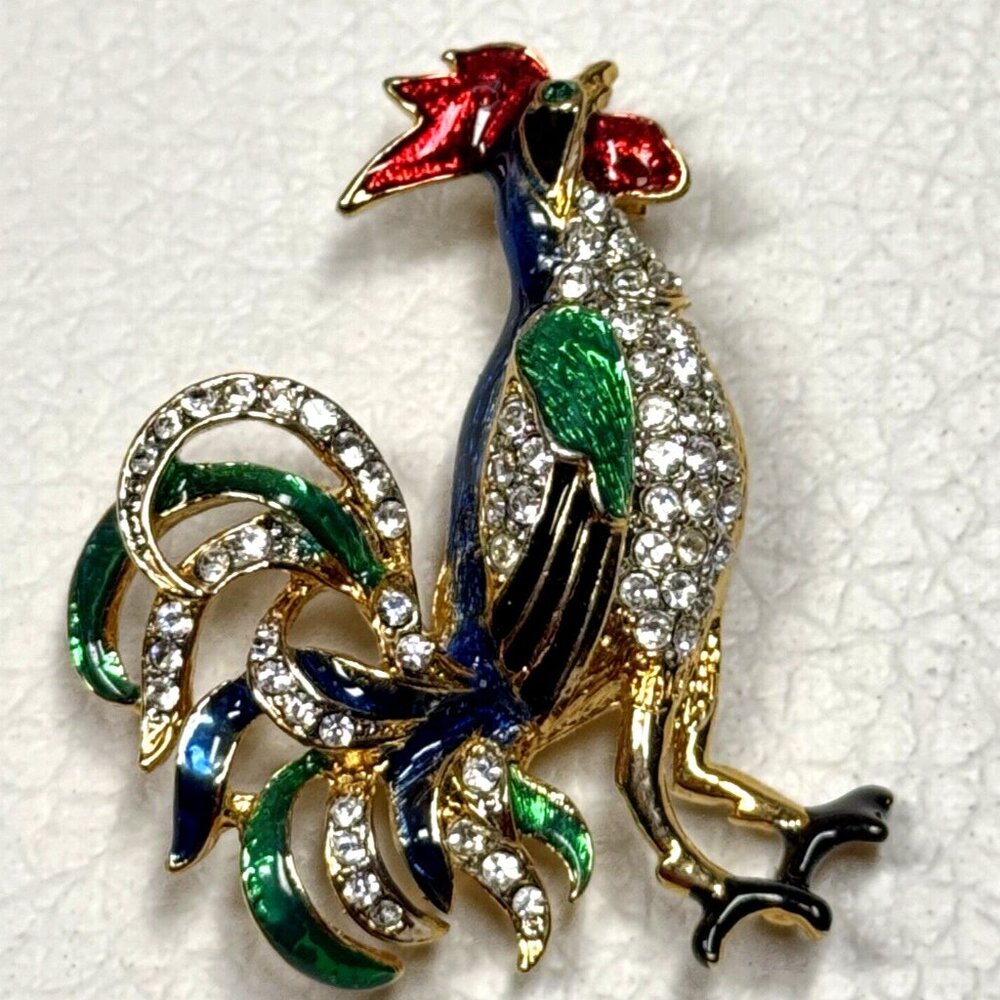 Rooster Chicken Brooch Pin Gold Tone Rhinestones Red Blue Enamel Figural 3D